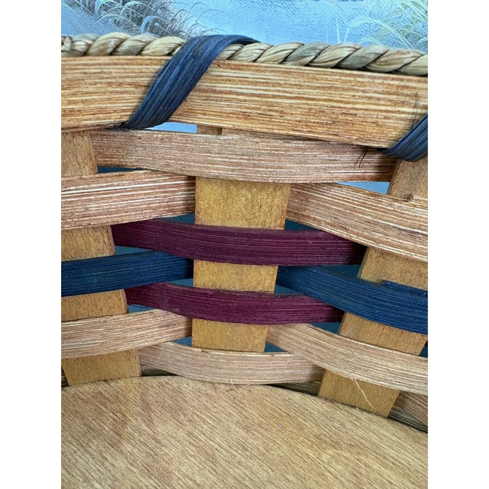 Handmade Jacob & Sarah Yoder Woven Splint Basket Oval Wood Base Blue Burgundy